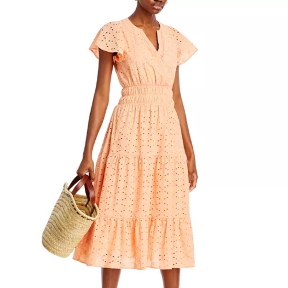 Koko + Mason Eyelet Midi Dress Women’s Smocked Waist Tiered Cotton - Picture 4 of 9